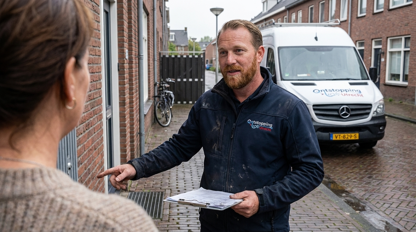 Monteur van Ontstopping Utrecht legt de klus uit aan de klant voor de deur